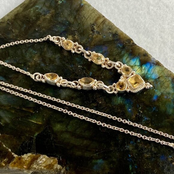 Sterling Silver 925 Multi Gemstone Citrine Collar V Necklace Cable Chain 17" - Picture 13 of 16